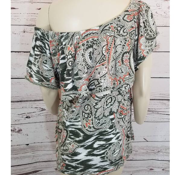 CHICO'S off shoulder top Summer short sleeve Paisley Gray pink size 1 = Small - Picture 3 of 8